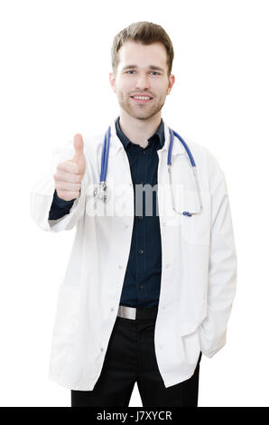 Hübscher junger Arzt im Büro. Arzt zeigt Daumen hoch. Arzt im Gesundheitswesen junge hübsche Silhouette Mann Bürokonzept Krankenhaus Stockfoto