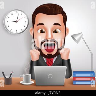 Professionelle Business Mann Vector Zeichen mit schockiert und überrascht Ausdruck arbeiten im Büro-Schreibtisch mit Laptop-Computer. Vektor-Illustration Stock Vektor