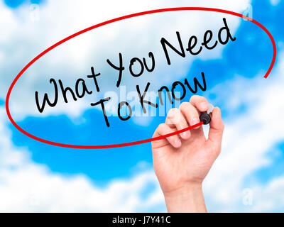 Hand des Mannes mit Filzstift auf transparente wischen Brett schreiben was Sie wissen müssen. Isoliert auf Sky. Business, Internet, Technologie-Konzept. Stock Foto Stockfoto