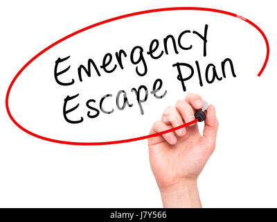 Mann Handschrift Emergency Escape Plan mit schwarzen Balken am Bildschirm. Isoliert auf weiss. Wirtschaft, Technologie, Internet-Konzept. Stock Bild Stockfoto