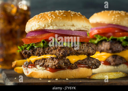 Hausgemachte quadratische Rindfleisch Cheeseburger mit Tomaten-Zwiebel Salat und Pommes frites Stockfoto