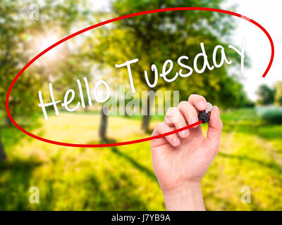 Hand des Mannes Hallo Dienstag mit schwarzem Filzstift auf Bildschirm zu schreiben. Isoliert auf Natur. Wirtschaft, Technologie, Internet-Konzept. Stock Foto Stockfoto