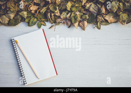 Draufsicht auf Notebook und trocken rose Blume auf weiße Holzterrasse mit dem leeren Raum für Design. Für Liebe oder Valentine Tag-Konzept Stockfoto