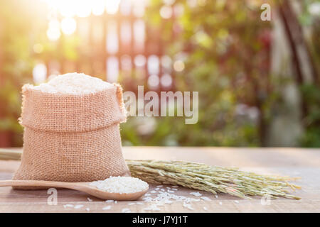 Thai Jasminreis in kleinen Sack auf Holztisch mit Sonnenlicht Unschärfe und Bokeh Hintergrund in Morgen Zeit hautnah Stockfoto