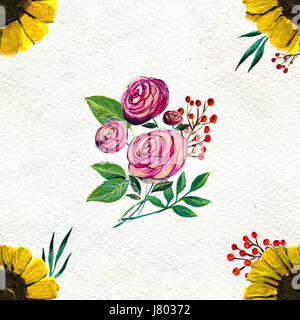 Nahtlose Muster mit rosa Rosen und Sonnenblumen. Blumenkarte Aquarell. Stockfoto