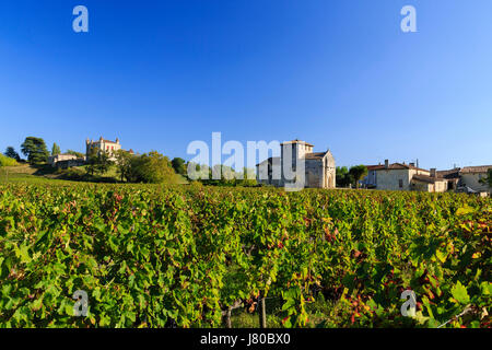 Frankreich, Gironde, Puisseguin, Monbadon Kirche und Burg und Weinberge AOC Puisseguin Saint Emilion Stockfoto