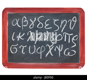 griechischen Tafel schreiben Omega Alphabet Board Bildung isoliert Holz schwarz Stockfoto