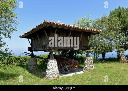 Horreo traditionelle Asturien Getreidespeicher auf Klippen mit Blick auf den Atlantik in Cadavedo, Asturien, Spanien. Spanische Küste nordspanien landwirtschaftlicher Betrieb Stockfoto