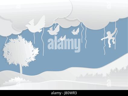 Tiere im Wald mit Cloud, Papier-Art-Stil, Vektor-Illustration. Stock Vektor