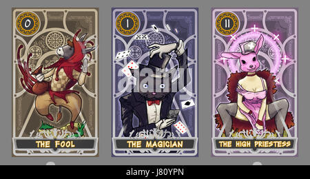 Tarot-Karten-Darstellung-Set.  Anzug des Narren, Anzug des Magiers und Anzug der Hohepriesterin mit Beschneidungspfad. Stockfoto