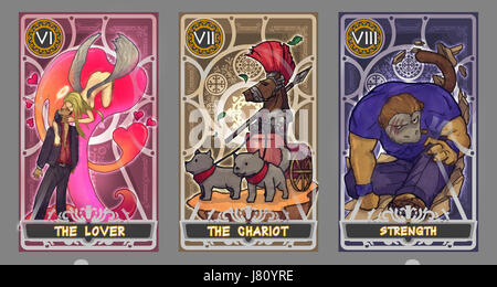 Tarot-Karten-Darstellung-Set.  Anzug des Liebhabers, Anzug von Chariot und Anzug der Stärke mit Beschneidungspfad. Stockfoto
