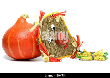 Red Kuri Squash und Kite gemacht Stroh isoliert auf weißem Hintergrund Stockfoto