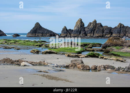 Deckgestein ist ein schöner Strand in Oregon mit Gezeiten-Pools und vielen Felsvorsprüngen. Stockfoto