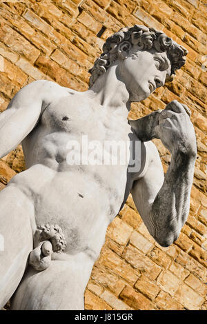 Italien, Toskana, Florenz, Piazza della Signoria, Nachbildung des berühmten David-Statue von Michelangelo mit dem Palazzo Vecchio als Hintergrund. Stockfoto