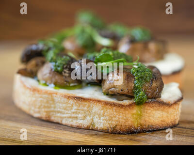 Bruschetta mit gebackenen Champignons, Frischkäse und Spinatsauce Stockfoto