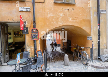 Mittelalterliche Altstadt in Stockholm. Die historische Altstadt ist eine wichtige touristische Attraktion. Stockfoto