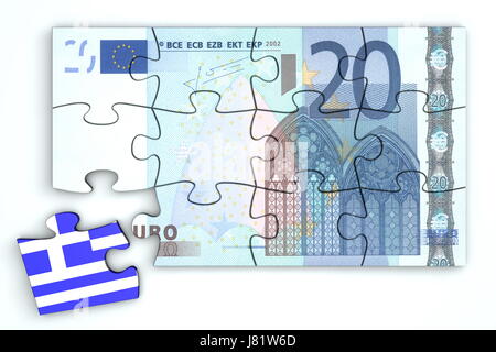 Beachten Sie Memo Griechenland Euro griechische Flagge Stück Abschnitt Teil Bereich Puzzle Segmentmodell Stockfoto