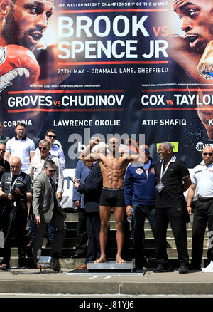 Errol Spence Jnr während der wiegen in Sheffield City Hall. Stockfoto