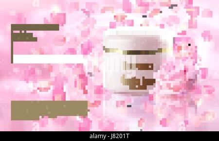 Rose Blume Extrakt-kosmetische Anzeigen-Vorlage, realistische 3D Darstellung Skincare feuchtigkeitsspendende Mockup elegante Leuchten Bokeh Hintergrund Blütenblatt fliegen. Förderung der vip Luxus Promo poster Stock Vektor