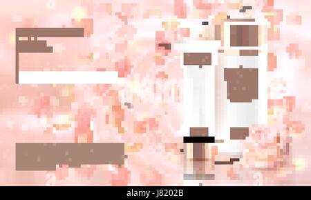 Rose Blume Extrakt-kosmetische Anzeigen-Vorlage, realistische 3D Darstellung Skincare feuchtigkeitsspendende Mockup elegante Leuchten Bokeh Hintergrund Blütenblatt fliegen. Förderung der vip Luxus Promo poster Stock Vektor