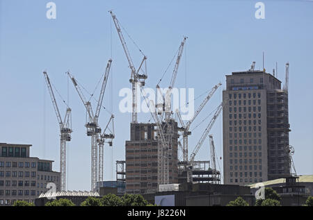Ein Wald von Turmdrehkranen umgeben die Baustelle an der Sanierung des Shell Centre auf der Londoner South Bank, Großbritannien Stockfoto
