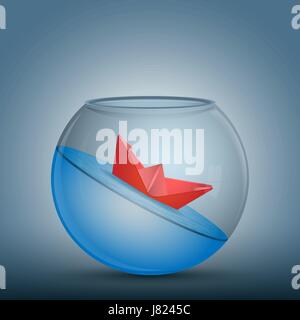 Abstrakte Idee als Gleitkommazahl rotes Papier Origami Boot in eine Glasschüssel mit Wasser. Umgeben von den Fisch Tank Einschränkung, nirgendwo zu gehen. Konzeptionelle Vektor Stock Vektor