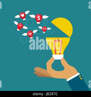 Fliegen Idee von Öffnung Glühbirne verteilen. Vektor-Illustration für free Ihren Geist, Entlastung oder Verbreitung von Wissen-Konzept. Stock Vektor