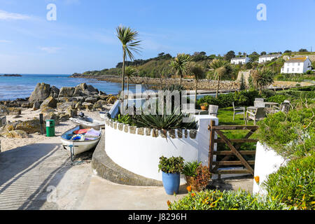 Porthcressa Strand und Bucht Hugh Town, St. Mary's Island, Isles of Scilly, Cornwall, England, UK Stockfoto