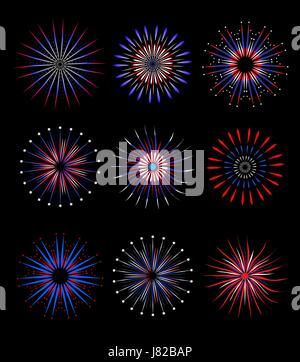 Feuerwerk, Salute in traditionellen Farben USA Satz von Elementen für Ihr Design. Amerikas Independence Day, 4. Juli, Konzept. Vektor-Illustration. Stock Vektor
