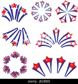 Feuerwerk, Salute in traditionellen Farben USA Satz von Elementen für Ihr Design. Amerikas Independence Day, 4. Juli, Konzept. Vektor-Illustration. Stock Vektor