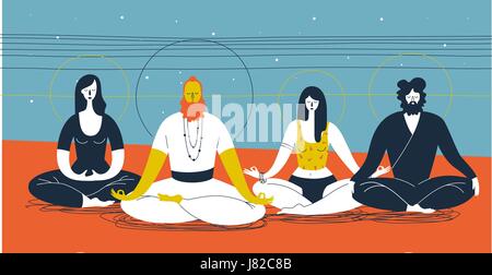Gruppe von Menschen in Yoga-Haltung sitzen und meditieren abstrakt blau und orange Hintergrund mit horizontalen Linien und Kreise. Konzept der kollektiven spirituellen Praxis. Vektor-illustration Stock Vektor