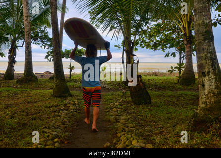 Jordy Mendez von Tico-Surf-Schule führt ein Surfbrett an den Strand für eine Morgen-Lektion am Playa Dominical, Costa Rica. Stockfoto