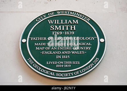 Stadt von Westminster grüne Plakette markiert den Standort eines Hauses von zukunftsweisenden Geologe William Smith, Buckingham Street, London, England Stockfoto