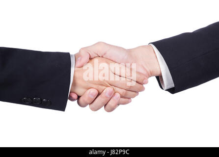 zitternder Hand zwischen Unternehmer und Unternehmerin isoliert auf weißem Hintergrund Stockfoto