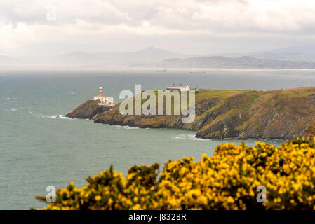 Blick auf Baily Leuchtturm aus dem Wanderweg entlang der Howth Cliff Walk mit Dun Leary und Wicklow Berge im Hintergrund Stockfoto