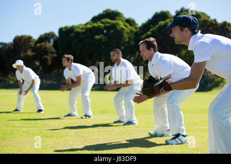 Seitenansicht der Spieler biegen auf sonnigen Tag auf der Wiese stehend Stockfoto