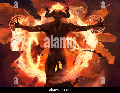 Flamme Daemon. Brennende teuflische Dämon beschwört die bösen Kräfte und öffnet die Hölle portal Mit Ancient Alchemy zeichen Abbildung. Stockfoto