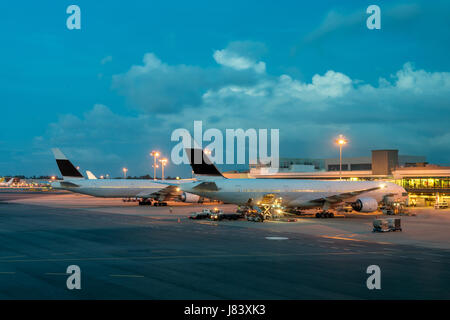 Passagierflugzeug auf der Piste in der Nähe der Terminals in einem Flughafen in der Nacht. Flugzeug parken am Abflug-Gate am Flughafen. Stockfoto