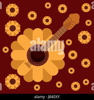 dunkelroten Hintergrund mit Gitarre in Form von Sonnenblumen und Muster von Sonnenblumen Stock Vektor