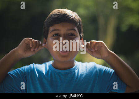 Porträt von fröhlicher Junge Zunge im park Stockfoto