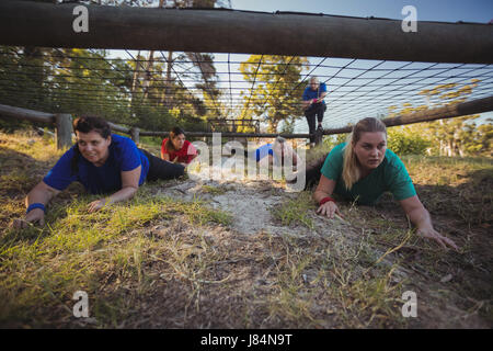 Gruppe von Fit Frauen kriechen unter dem Netz während des Trainings der Hindernis-Parcours im Boot camp Stockfoto