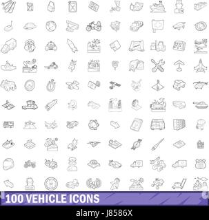 100 Fahrzeug Icons Set, Umriss-Stil Stock Vektor