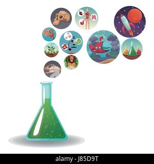 Glas-Becher-Formel mit Symbolen mit Bild Welt Evolution in den Sprechblasen Stock Vektor