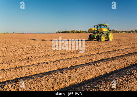 Ein Traktor auf einem Feld frisch zubereitet für die Bewässerung in den Imperial Valley, Kalifornien, USA. Stockfoto