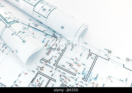 Engineering und technische Zeichnungen, Grundrisse, Rollen von Architektur-Entwürfe Stockfoto