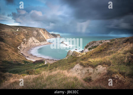 Mann o Krieg Bucht, in der Nähe von Durdle Door, und der Blick östlich entlang der Jurassic Coast, Dorset, England Stockfoto