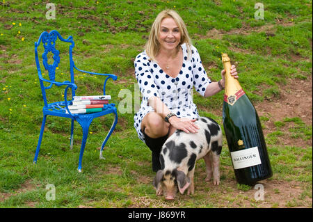 Hay on Wye, Wales, UK. 27. Mai 2017. Hay Festival 2017. Helen Fielding Gewinner des The Bollinger Everyman Wodehouse Prize for Fiction Comic für ihren Roman "Bridget Jones-Baby". Sie ist mit einem lokal Gloucestershire alten Spot Schwein bei der Home Farm, Dorstone, Herefordshire, England, UK Credit abgebildet: Jeff Morgan/Alamy Live News Stockfoto