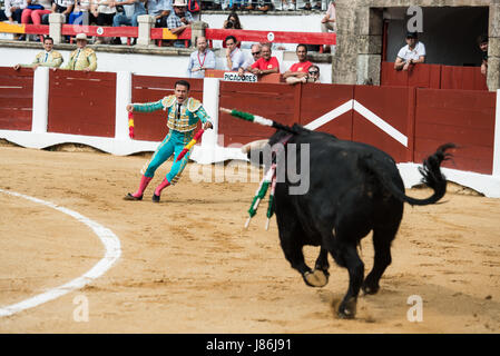 Caceres, Spanien. 27. Mai 2017. Spanischer Stierkämpfer Antonio Ferrera kämpft seinen ersten Stier bei einem Stierkampf im Rahmen der Messe San Fernando in der Stierkampfarena in Cáceres, Spanien Kredit: Esteban Martinena Guerrero/Alamy Live News Stockfoto