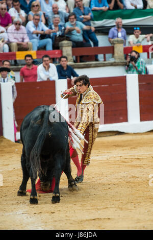 Caceres, Spanien. 27. Mai 2017. Peruanische Stierkämpfer Roca Rey tötet seinen zweiten Stier des Abends während der Messe San Fernando in der Stierkampfarena in Cáceres, Spanien Kredit: Esteban Martinena Guerrero/Alamy Live News Stockfoto