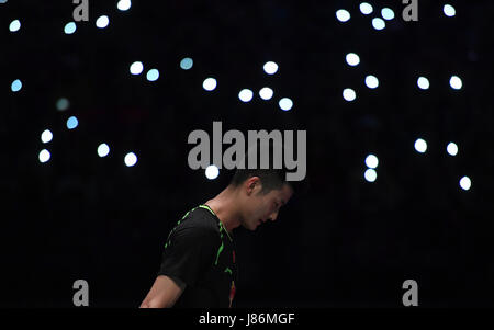 Gold Coast, Australien. 28. Mai 2017. Chinas Chen Long reagiert während der Herren-Einzel-Match gegen Südkorea Jeon Hyeok Jin beim Finale zwischen China und Südkorea auf insgesamt BWF Sudirman Cup 2017 in Gold Coast, Australien, 28. Mai 2017. Chen Long gewann 2: 0. Bildnachweis: Lui Siu Wai/Xinhua/Alamy Live-Nachrichten Stockfoto